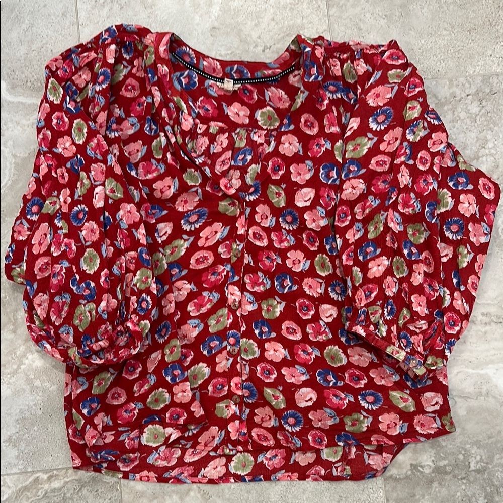 Pilcro Red Ruffled Cuffed Sleeve Blouse